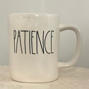 White ‘Patience’ Rae Dunn Mug With Teal Inside